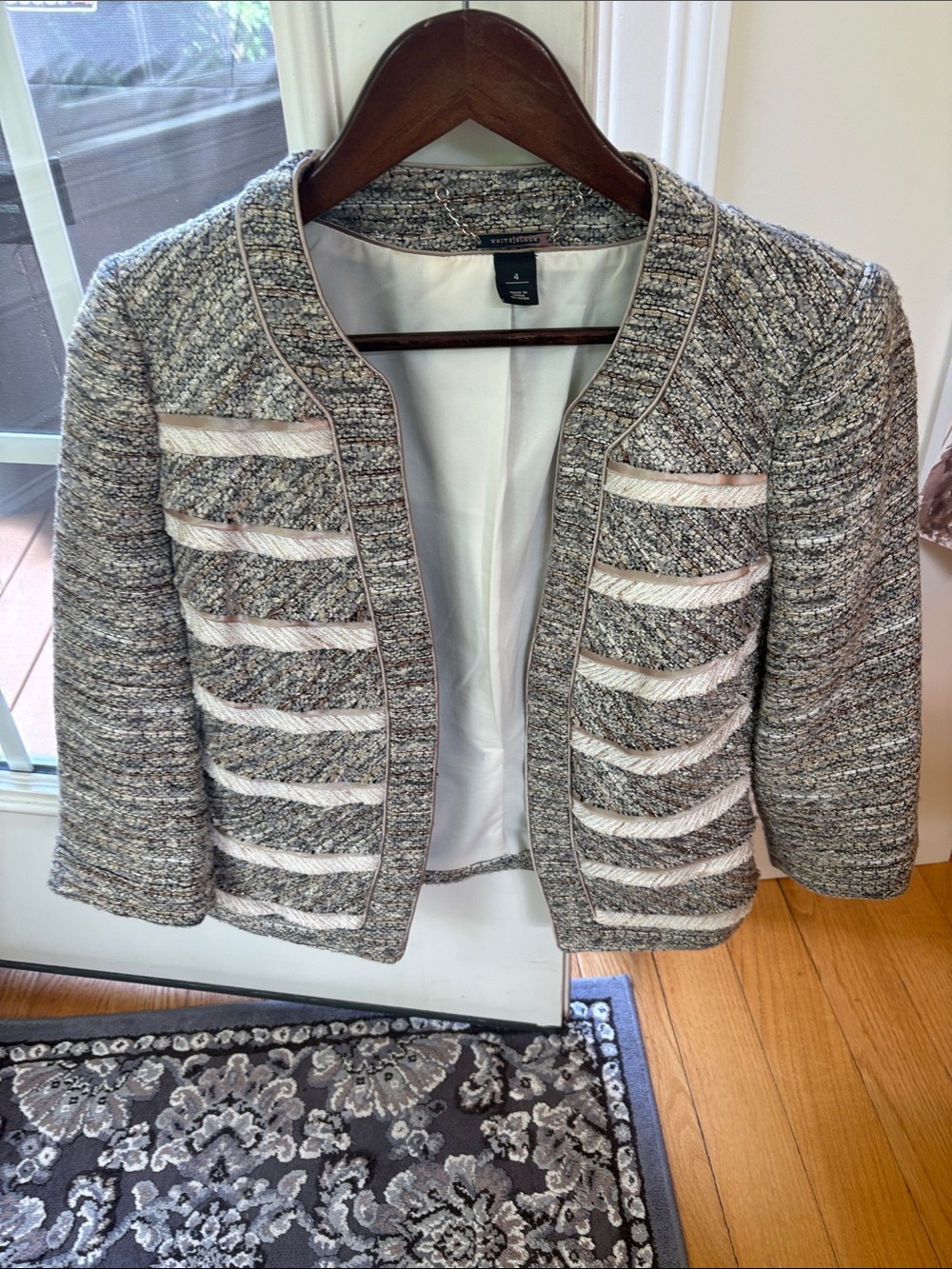 White House Black Market Gray and Cream Tweed Open-Front Blazer